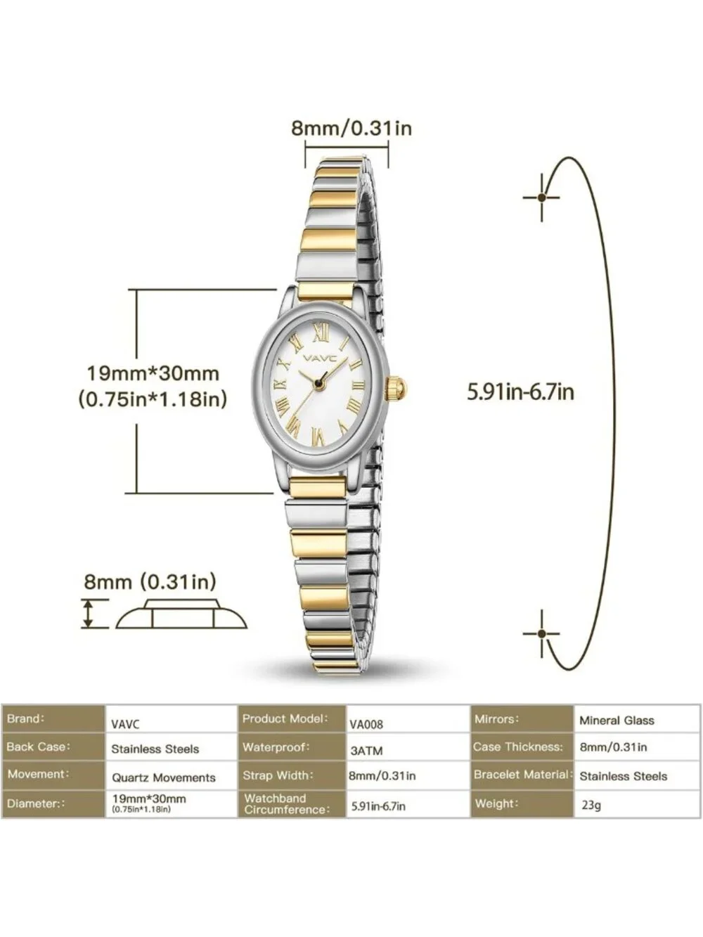 Chic Gold Analog Watch for Women, Oval Case, Stainless Steel Band, Water